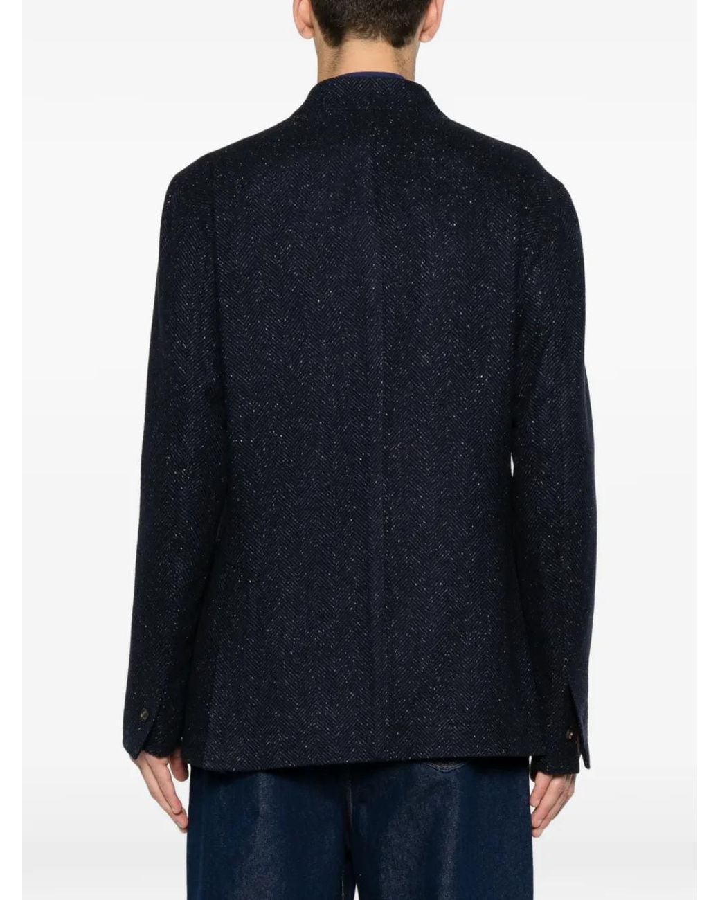 Eleventy Blue Herringbone Mandarin-Collar Jacket for men