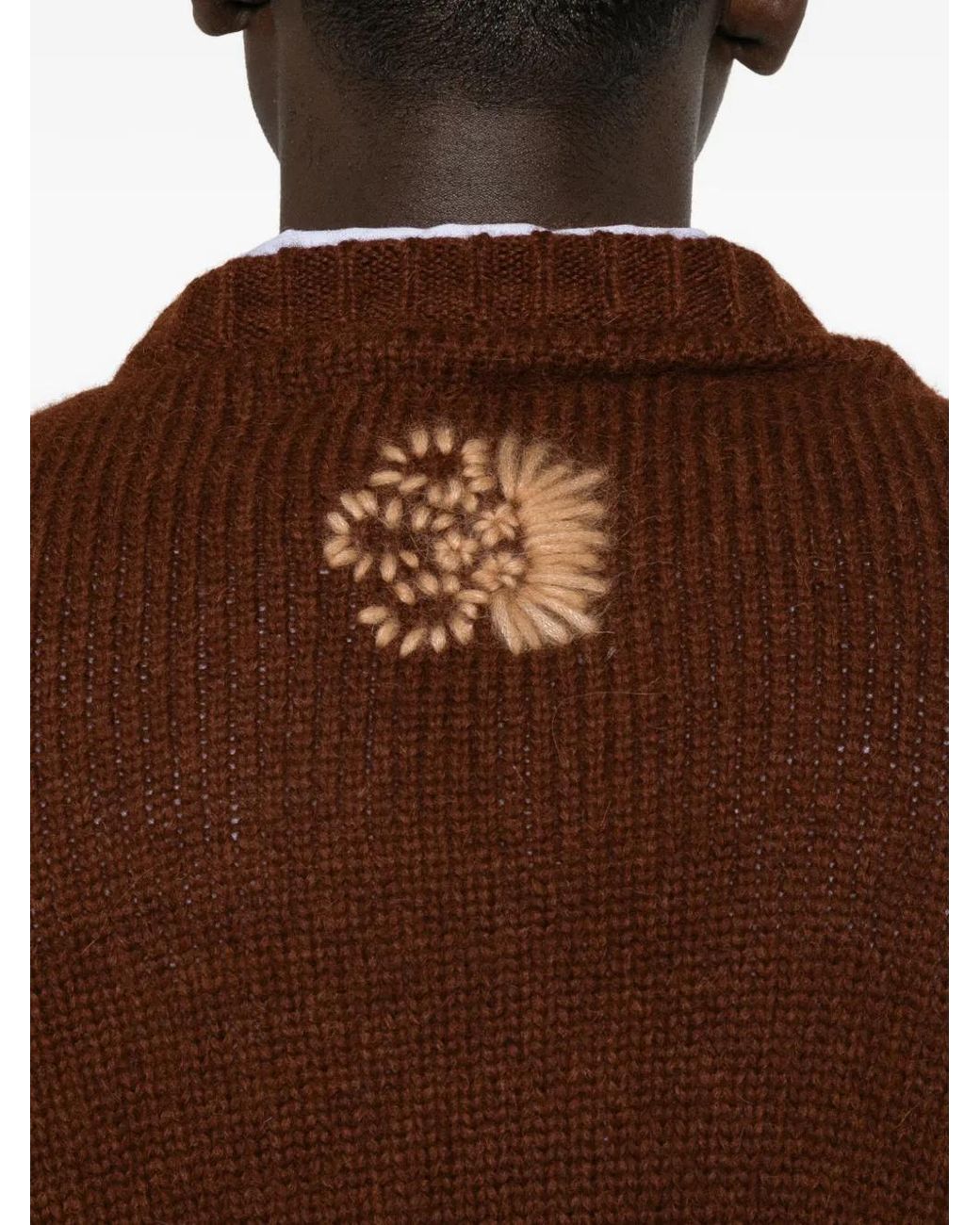 BAZISZT Brown Floral-Embroidered Chunky-Knit Sweater for men