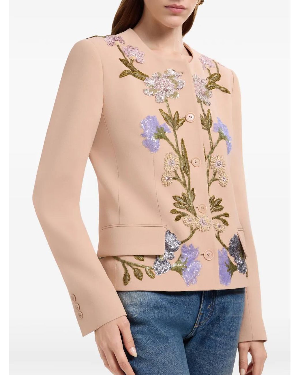 Elie Saab White Sequin-Embellished Floral-Embroidered Jacket