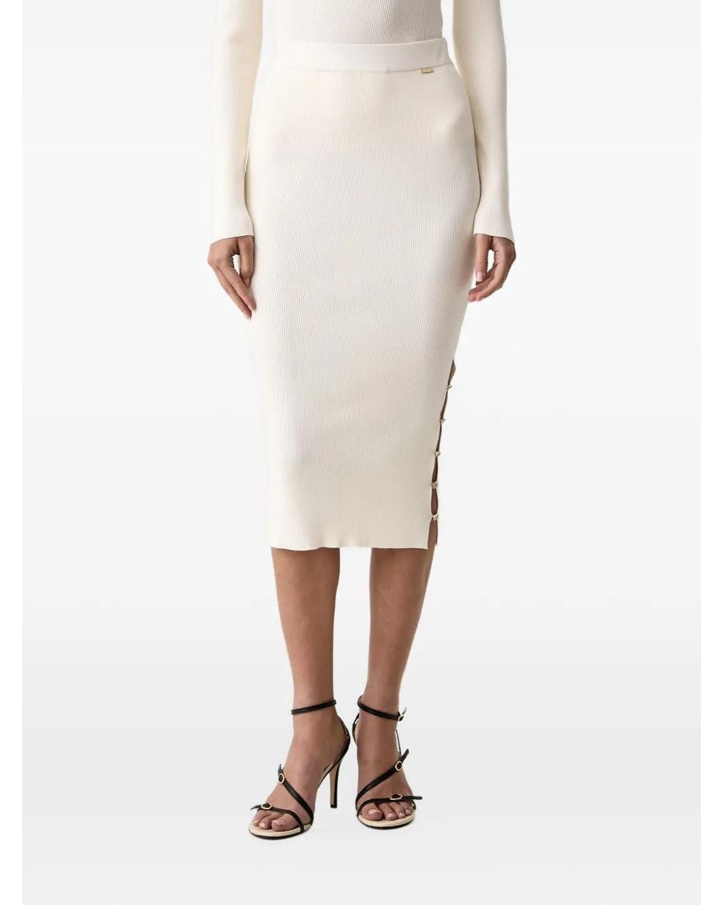 Fracomina Natural Ribbed-Knit Cut-Out Midi Skirt