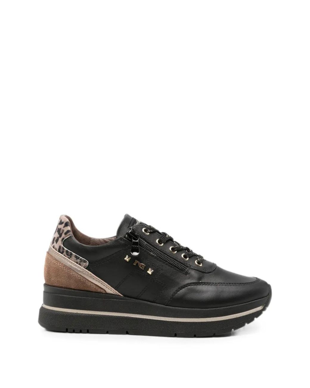 Nero Giardini Black Leopard-Print Panelled Leather Sneakers