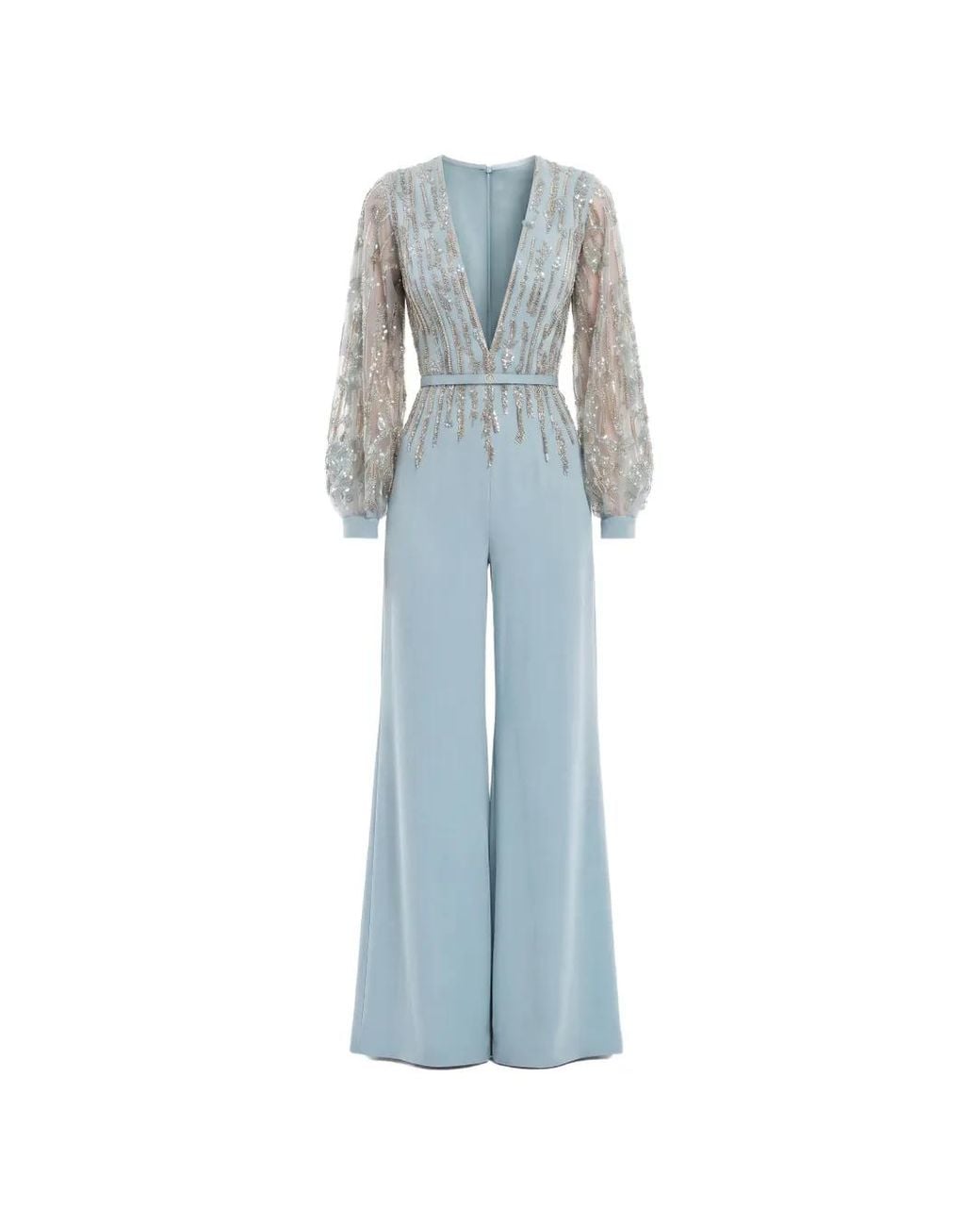 Saiid Kobeisy Blue Beaded V-Neck Belted Jumpsuit