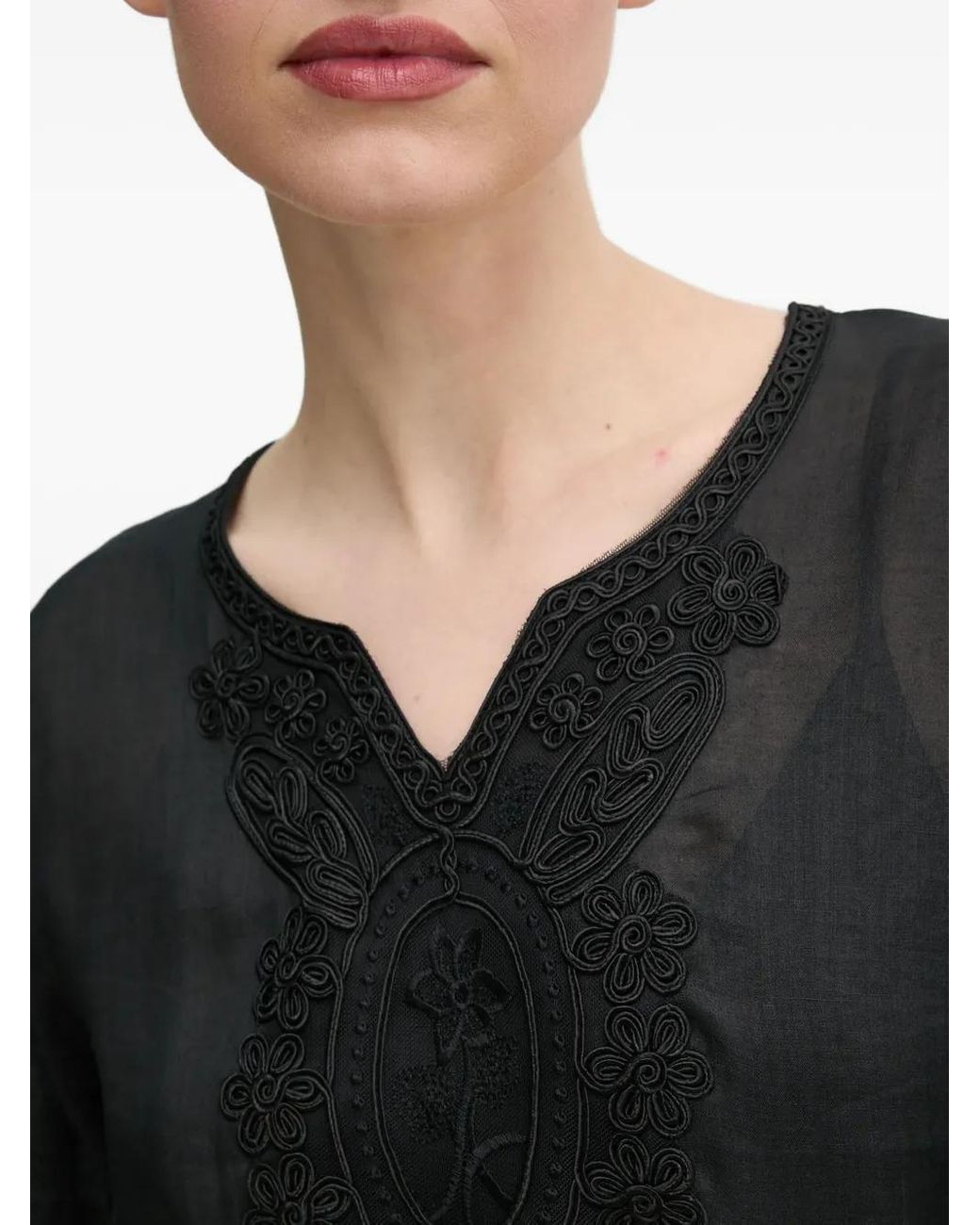 Isabelle Blanche Black Embroidered-Details Balloon-Sleeve Mini Dress
