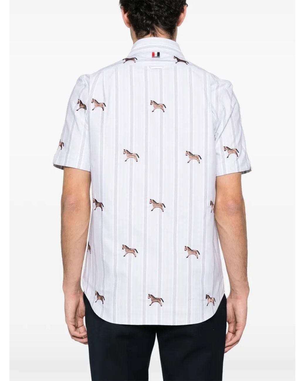 Thom Browne White Horse-Embroidery Striped Satin Shirt for men