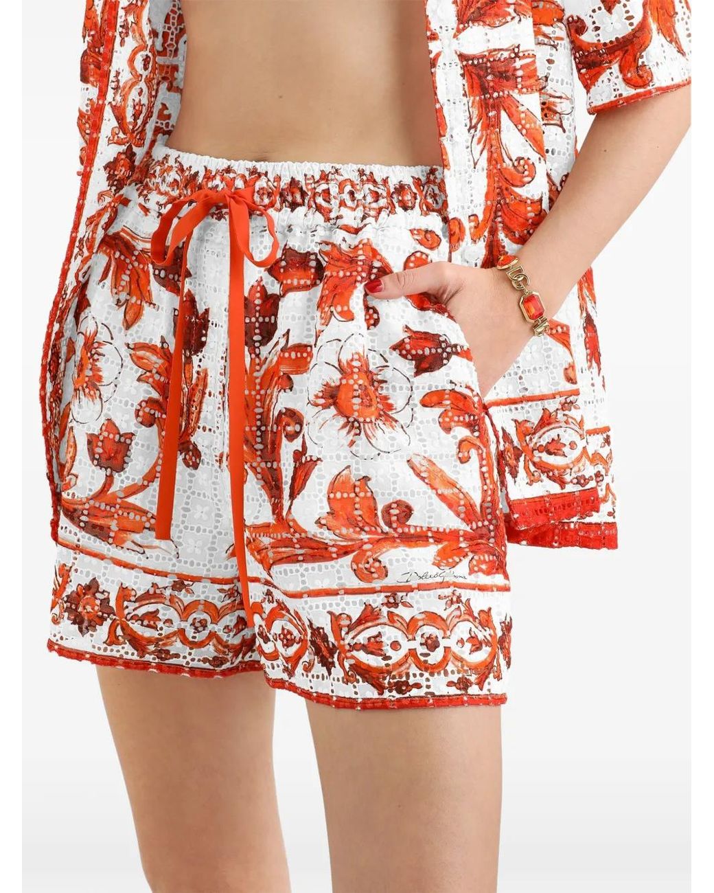Dolce & Gabbana Red Majolica-Print Broderie Anglaise Lace Shorts