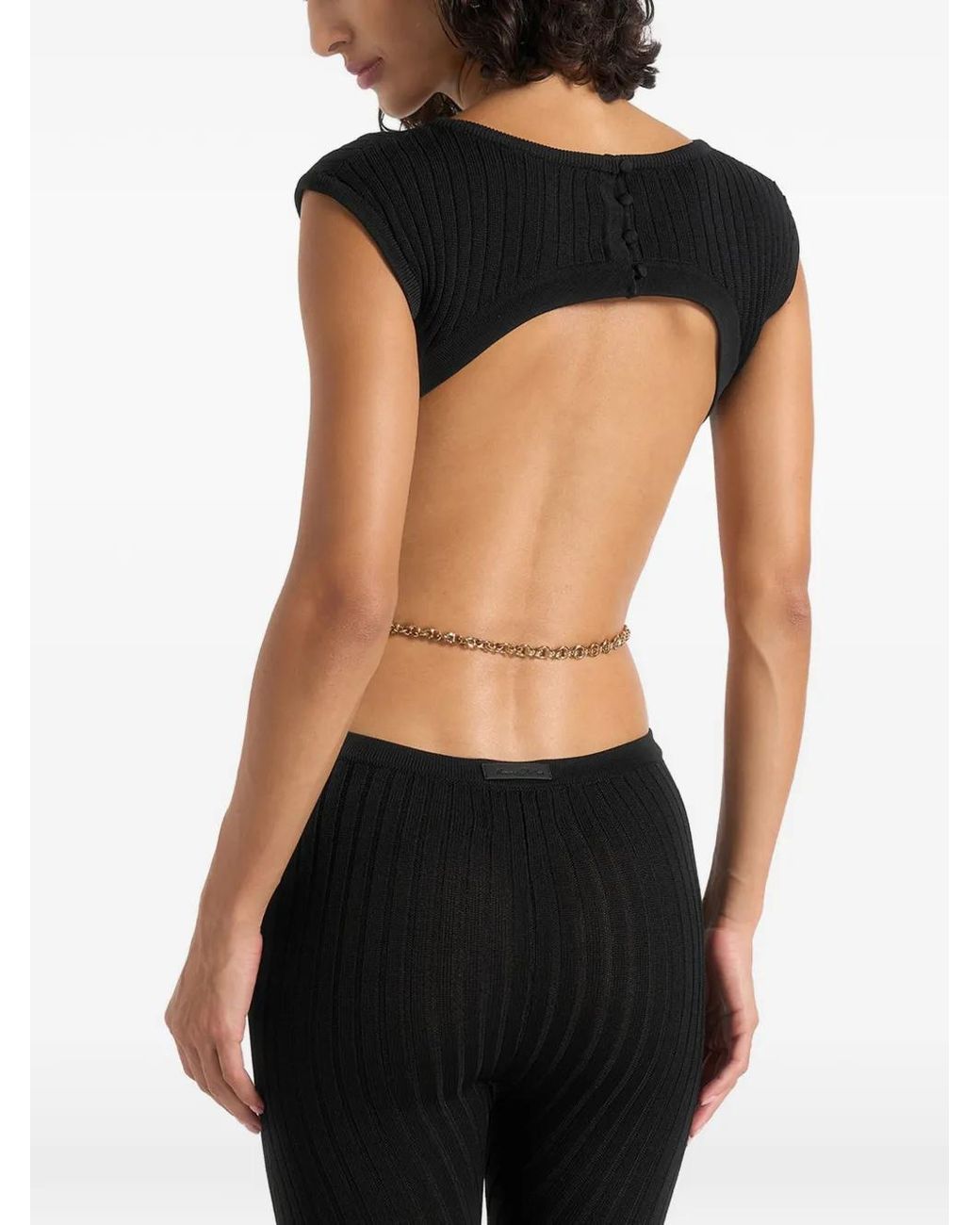 Manière De Voir Black Zelda Backless Rib Knit Jumpsuit With Hardware Chain Belt