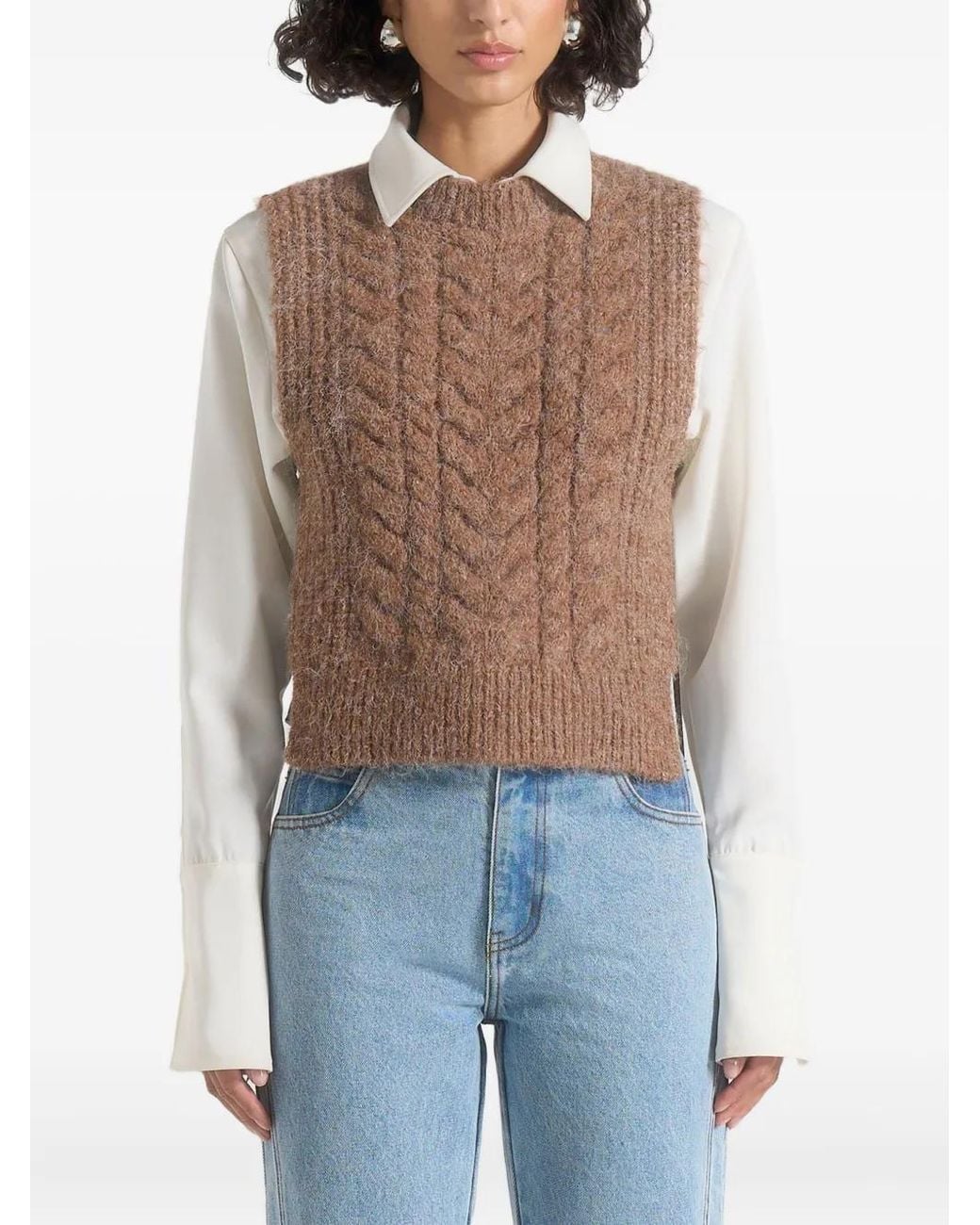 Manière De Voir Blue Danya Cable-Knit Tie-Fastening Taupe Vest
