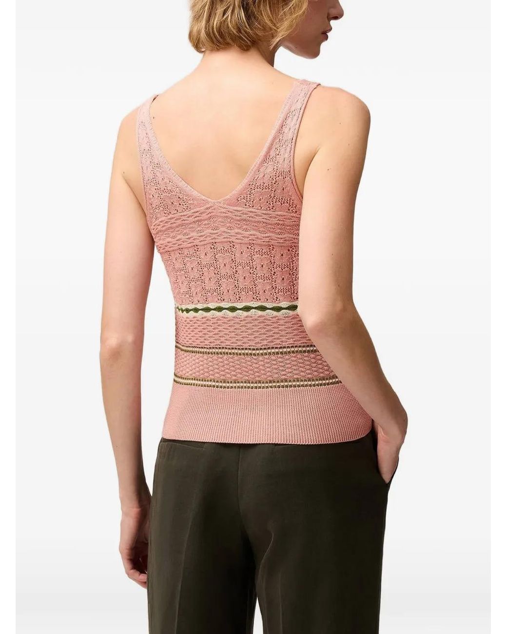 RETORI Pink Mix-Stitch Striped V-Neck Knitted Cotton Tank Top