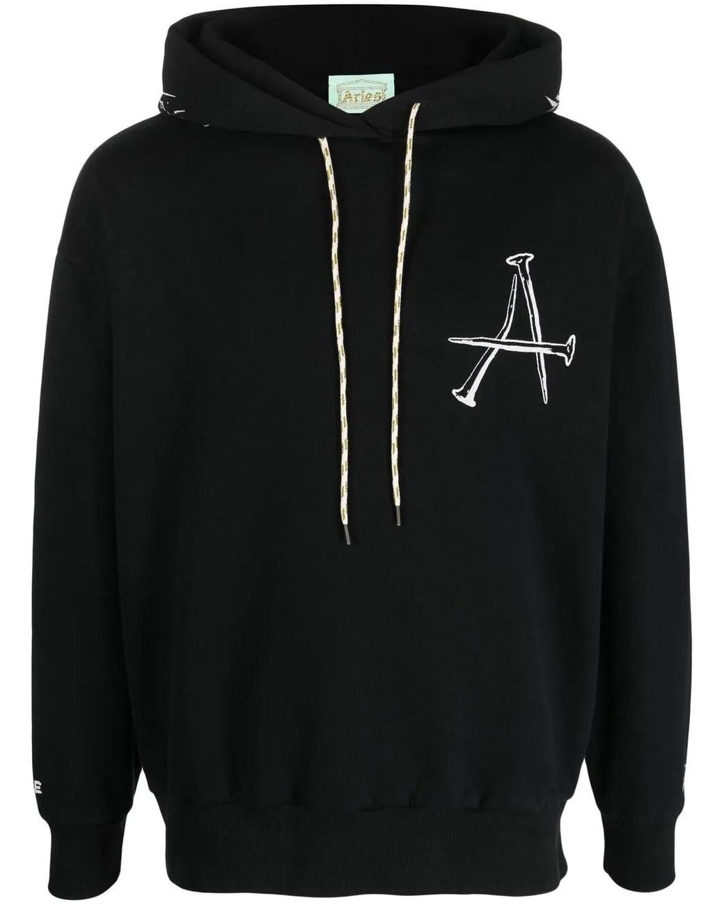 Aries Black Graphic Print Drawstring Hoodie for men