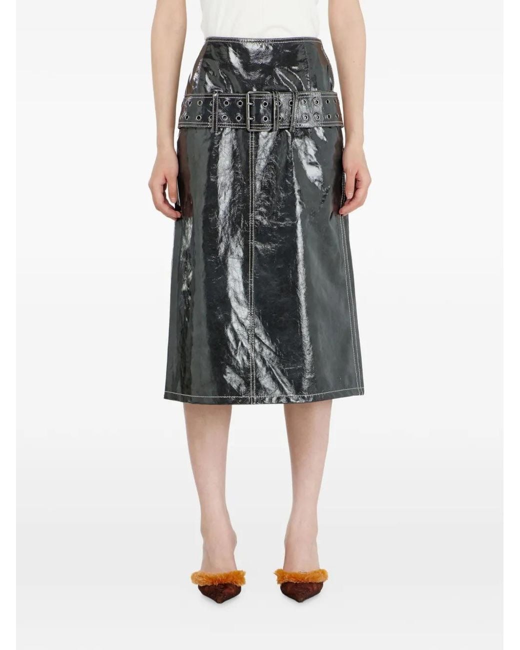 DIESEL Gray Patent-Leather Midi Skirt With Belt