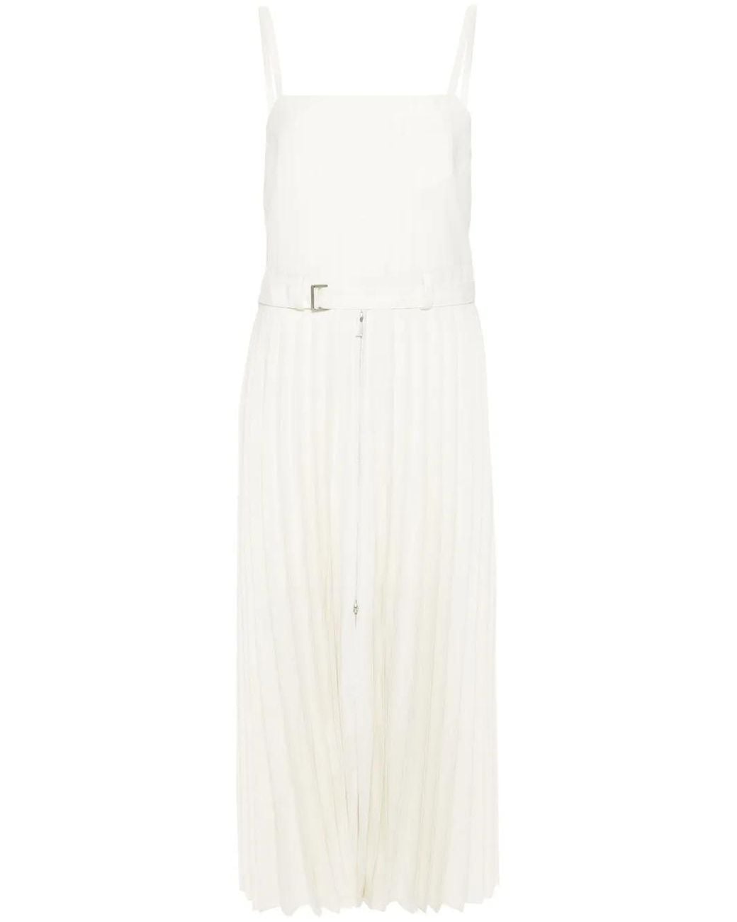 Sacai White Pinstriped Pleated Maxi Dress