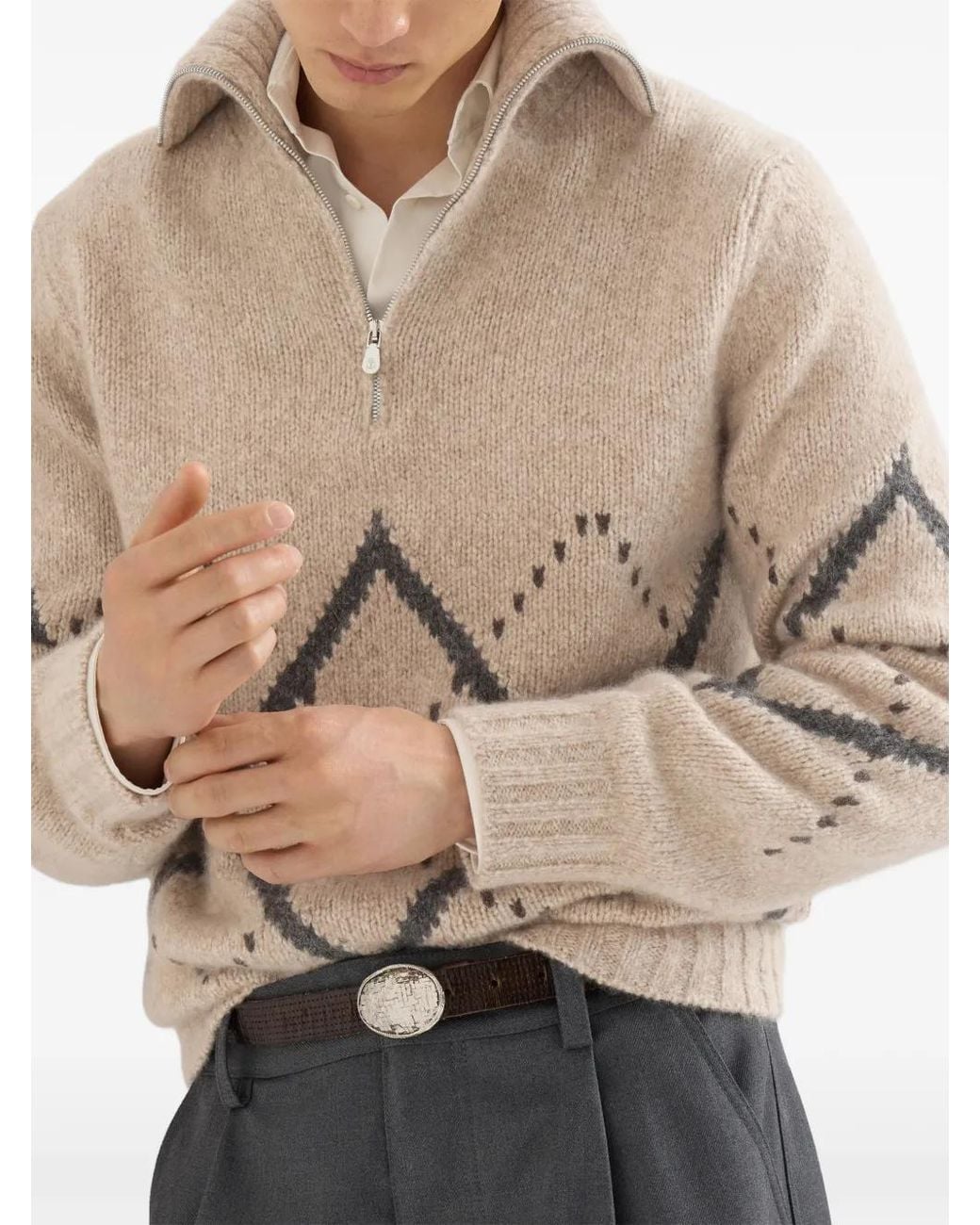 Brunello Cucinelli Natural Cashmere Sweater With Argyle Intarsia And Half Zip for men
