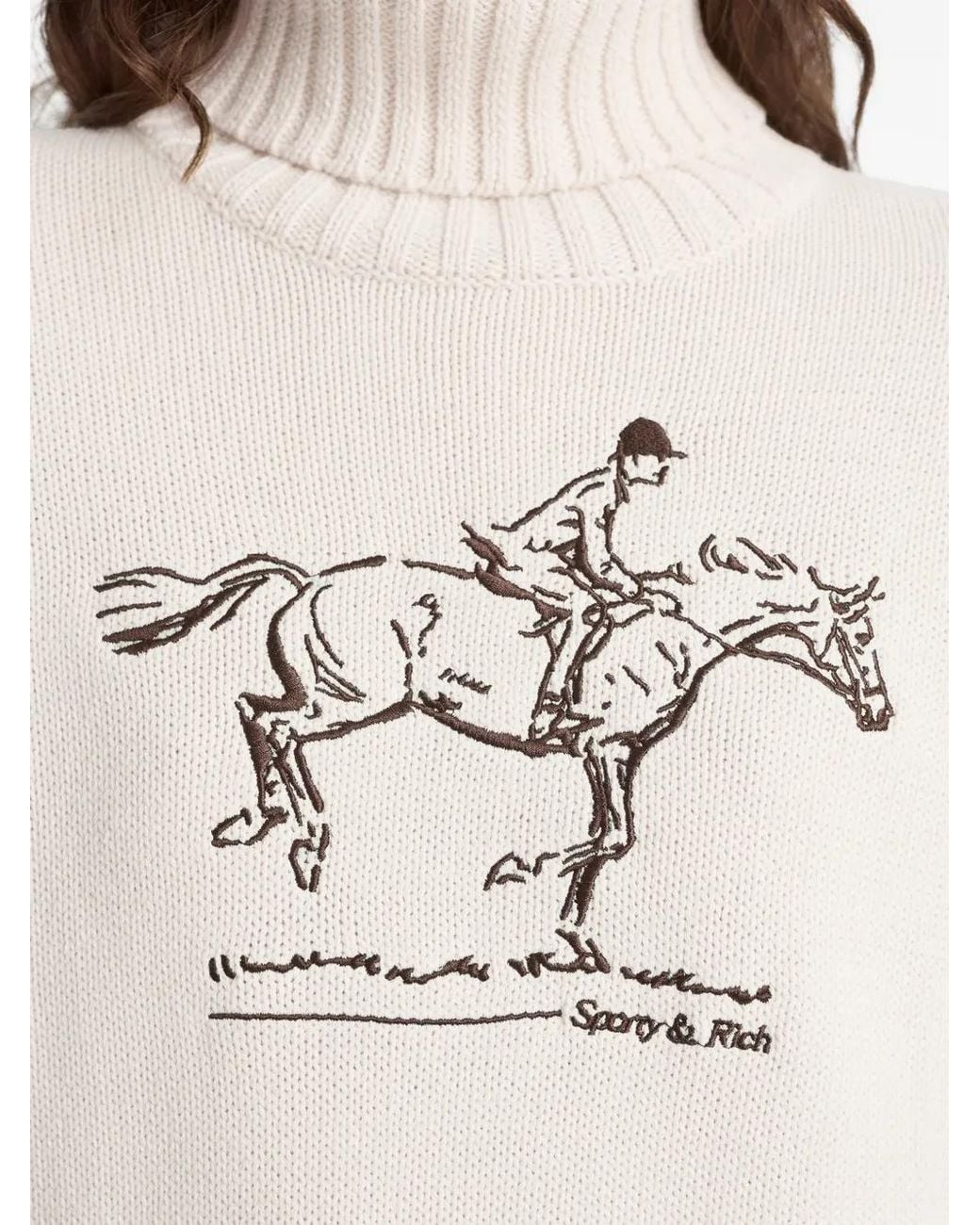 Sporty & Rich White Turtleneck Equestrian-Embroidered Sweater