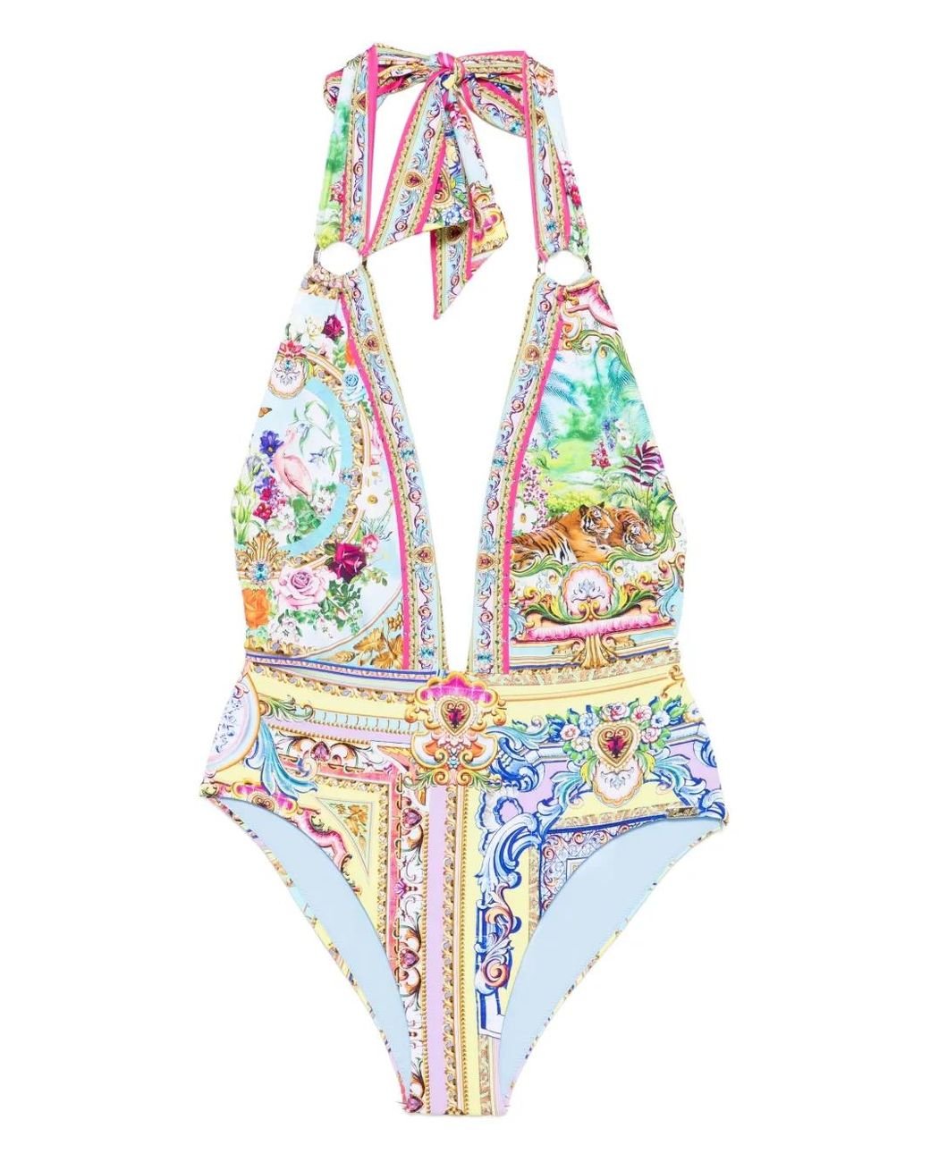 Camilla White Halter-Neck Print Swimsuit