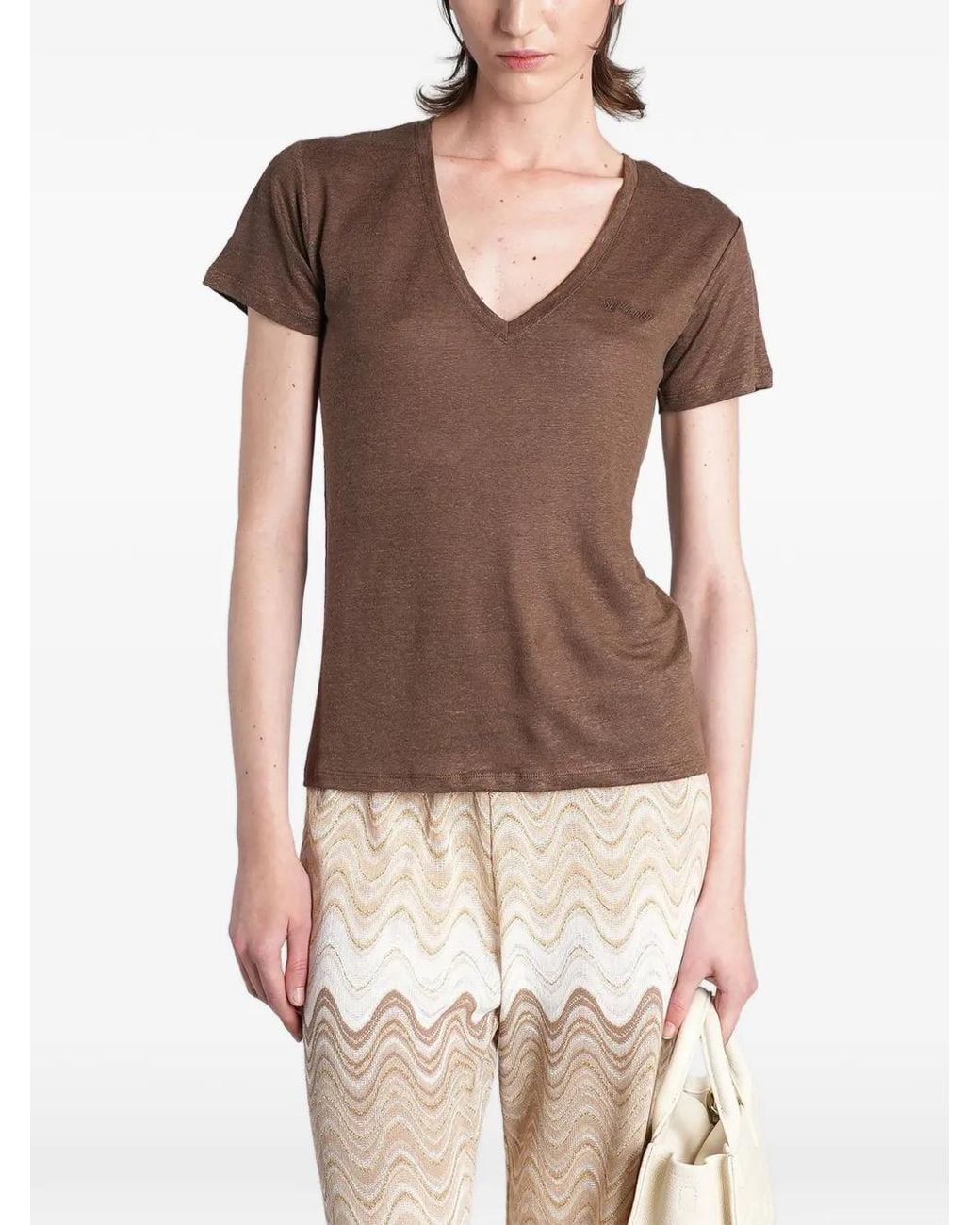 Mc2 Saint Barth Brown Eloise Linen T-Shirt With Embroidered Logo
