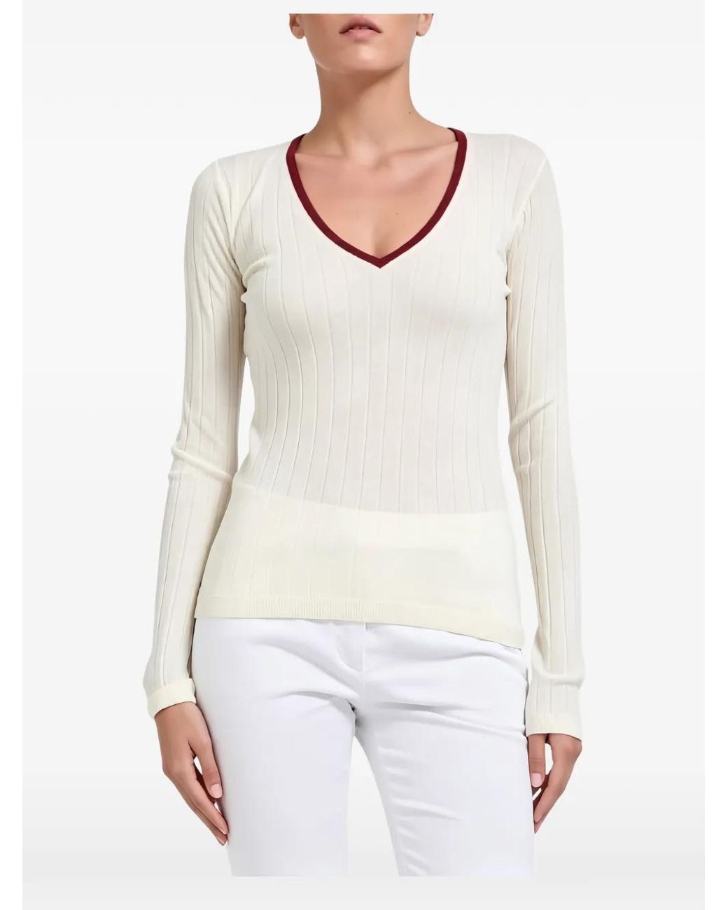 Brunello Cucinelli White Ribbed-Knit V-Neck Sweater