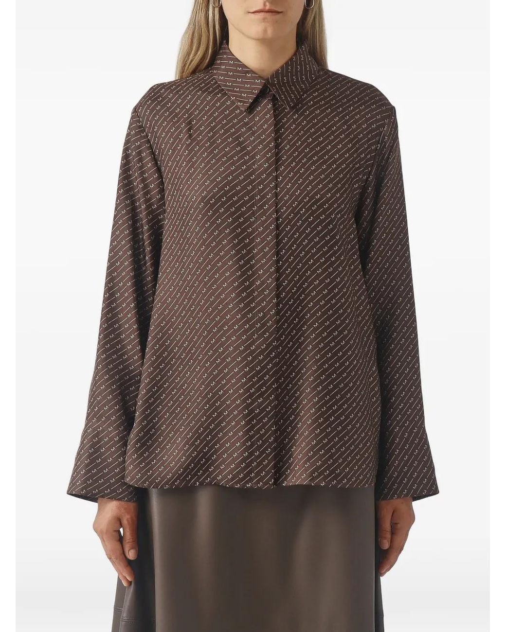 Max Mara Brown Farea Monogram-Print Silk Shirt