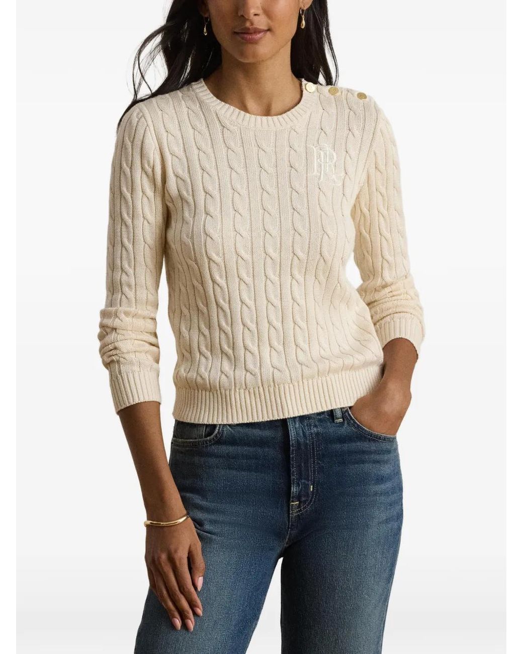 Ralph Lauren White Cable-Knit Button-Detail Sweater