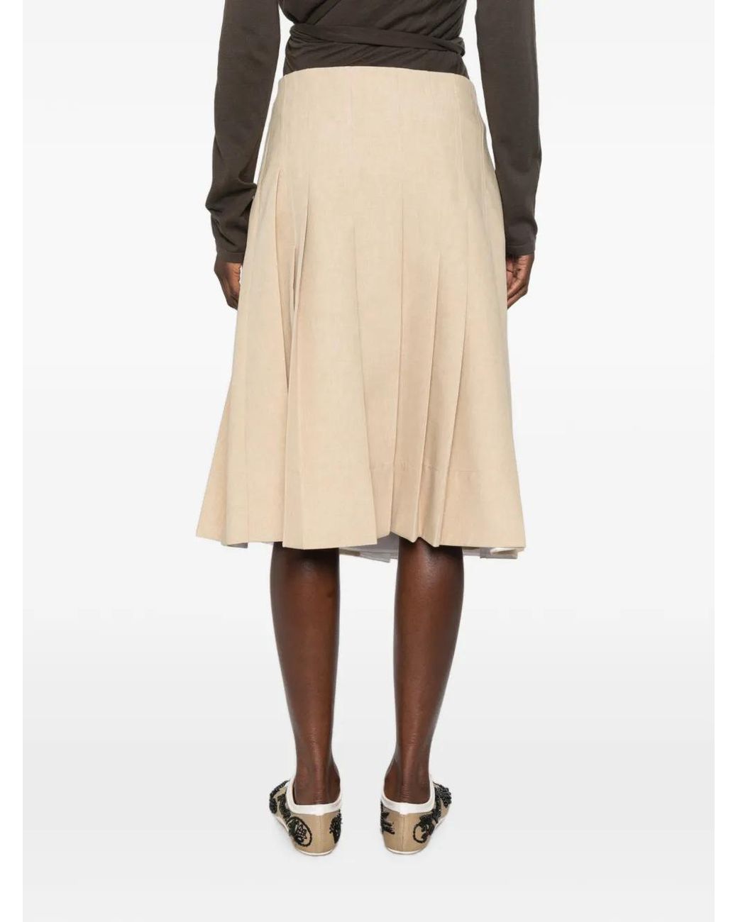 Plan C Natural Feather-Trim Pleated Midi Skirt