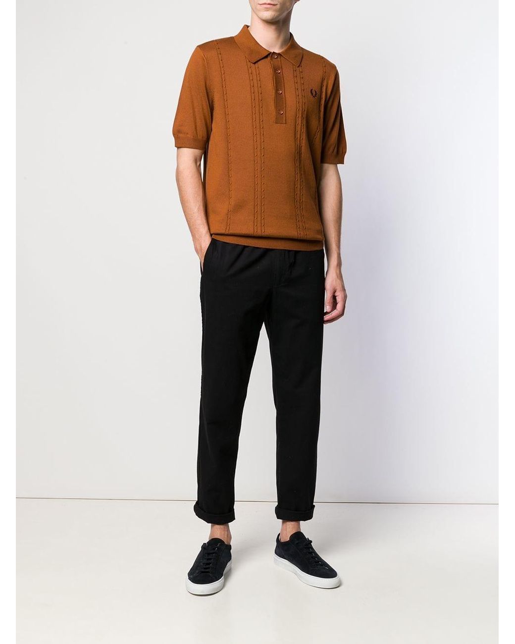 Fred Perry Cable Knitted Polo Shirt in Brown for Men | Lyst