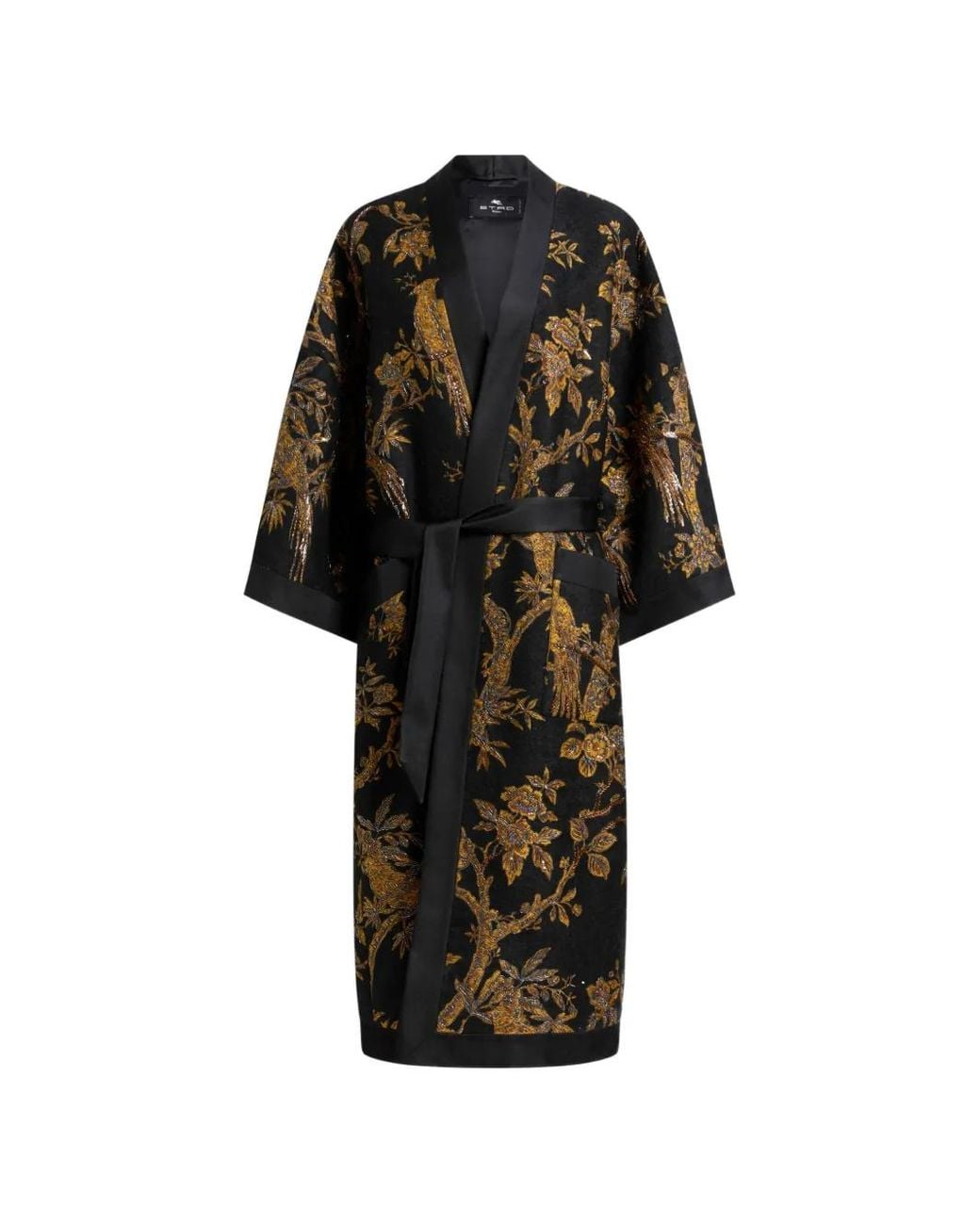 Etro Black Kimono Coat With Beads And Nature Embroidery