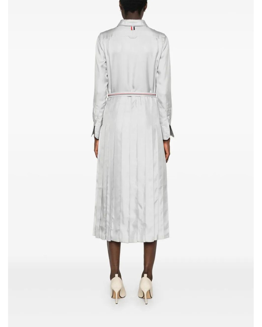 Thom Browne Gray Rwb-Stripe Belted Silk Shirtdress