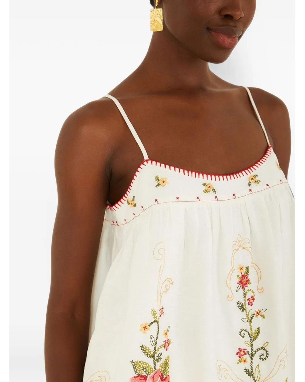 Farm Rio White Flower Embroidery Open Back Sleeveless Blouse