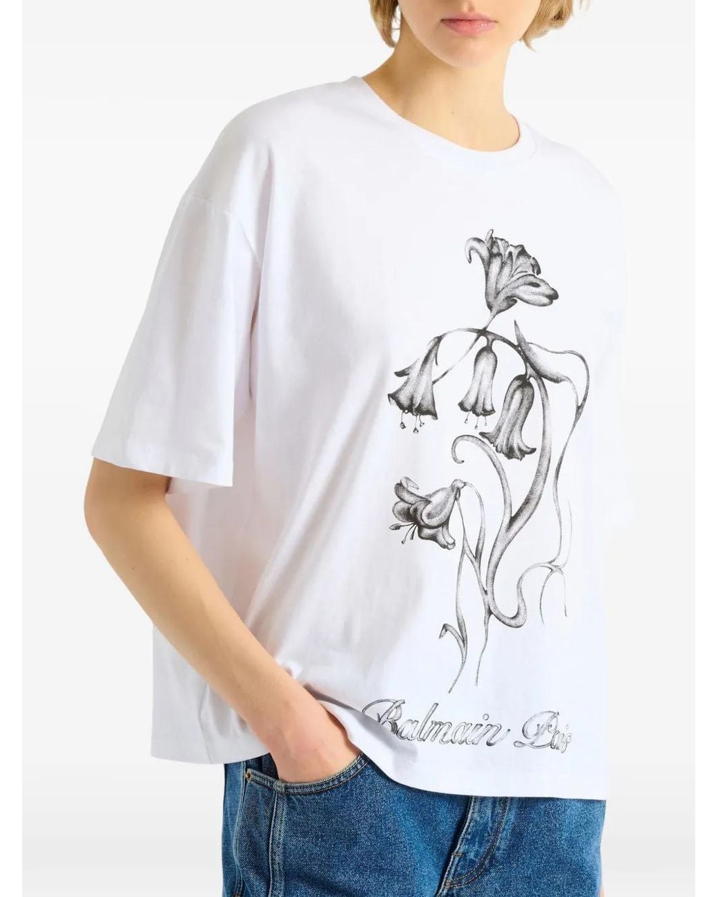 Balmain White Printed Flower T-Shirt