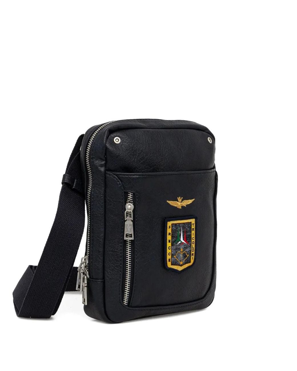 Aeronautica Militare Black Zip Logo-Patch Messenger Bag for men