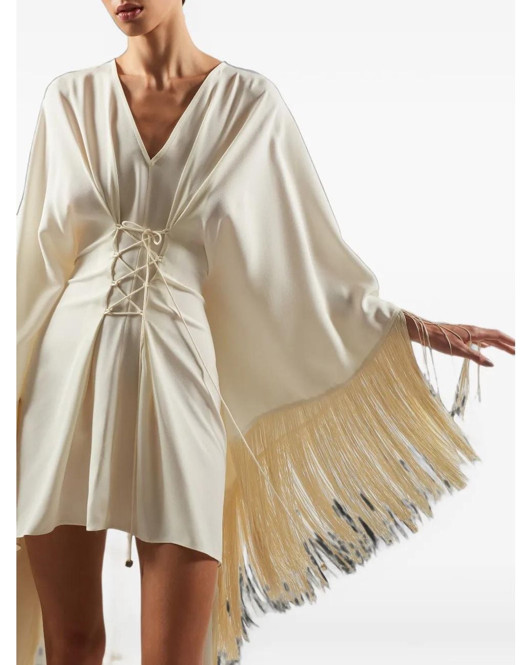 Taller Marmo White Mini Sierra Fringed Kaftan Dress
