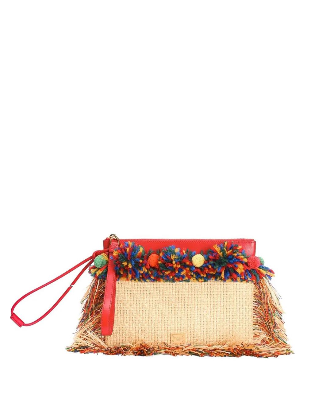 Dolce & Gabbana Red Trousse De Toilette En Raphia À Franges
