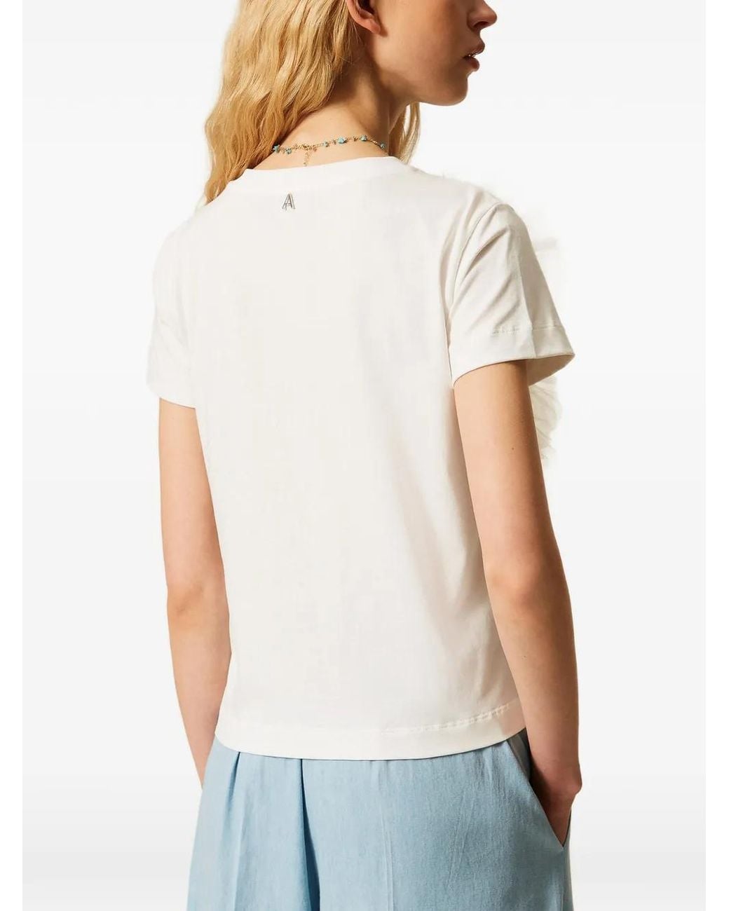 Twinset White Regular Fit T-Shirt With Tulle Flowers