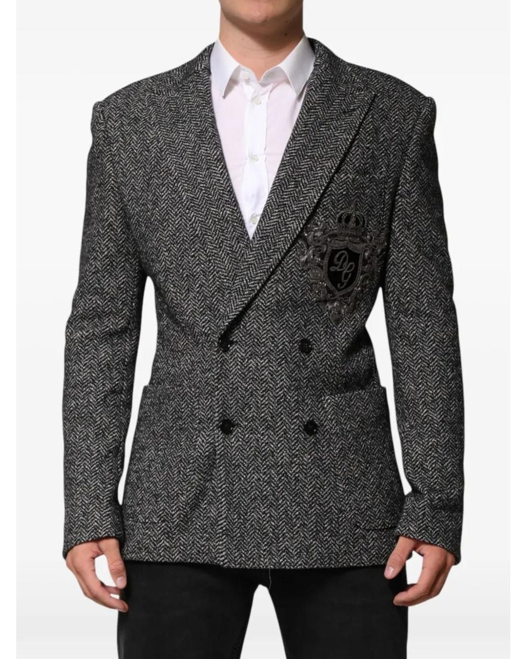 Dolce & Gabbana Black Herringbone Double-Breasted Blazer for men