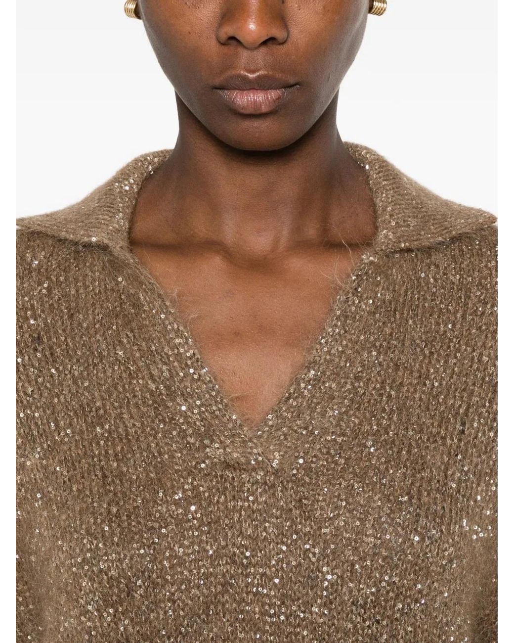 Brunello Cucinelli Natural Sequin-Embellished Polo-Collar Sweater