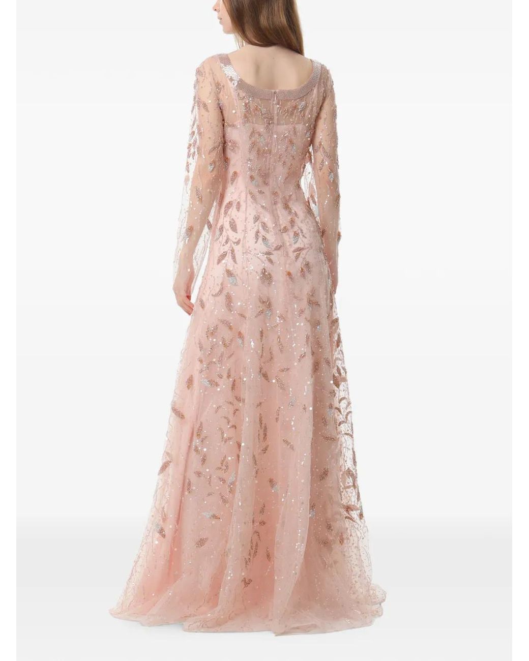 Dina Melwani Pink Crystal-Embellished Vine-Embroidered Maxi Dress