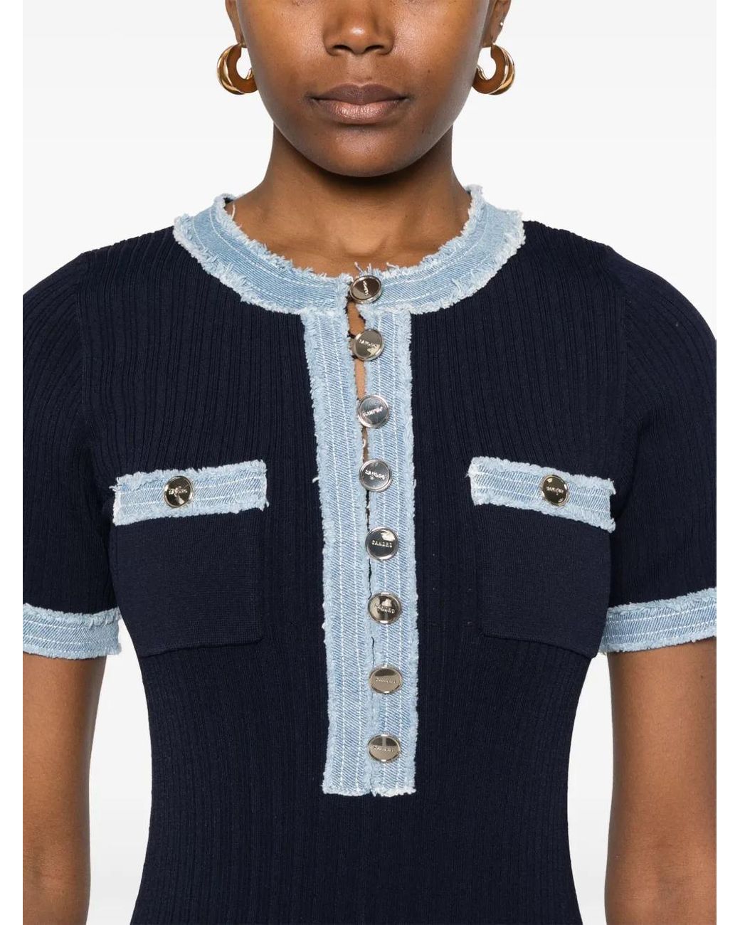 Sandro Denim-Trim Knitted Maxi Dress in Blue | Lyst Sandro Denim-Trim Knitted Maxi Dress in Blue | Lyst