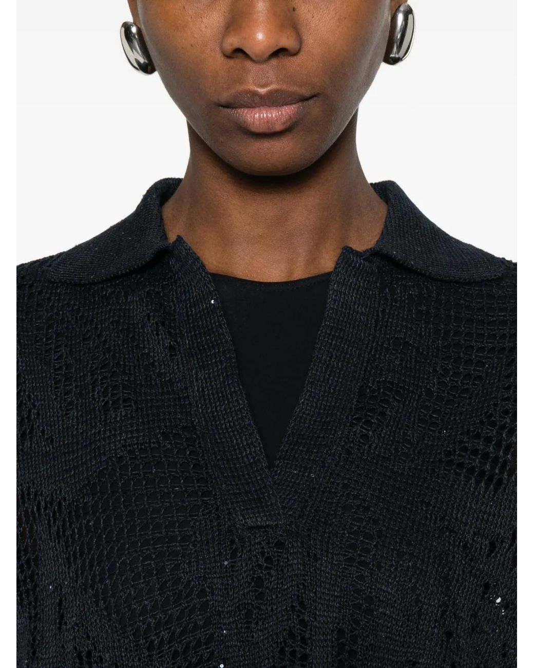Brunello Cucinelli Black V-Neck Open-Knit Sweater