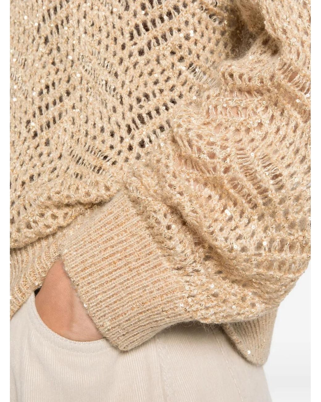 Brunello Cucinelli Natural Sequin-Embellished Open-Knit Sweater