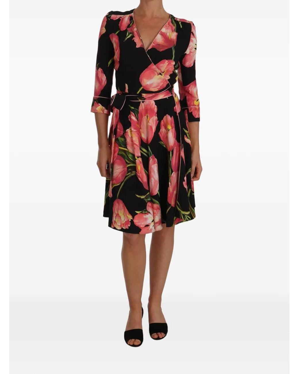 Dolce & Gabbana Red Tulip-Print Wrap Dress