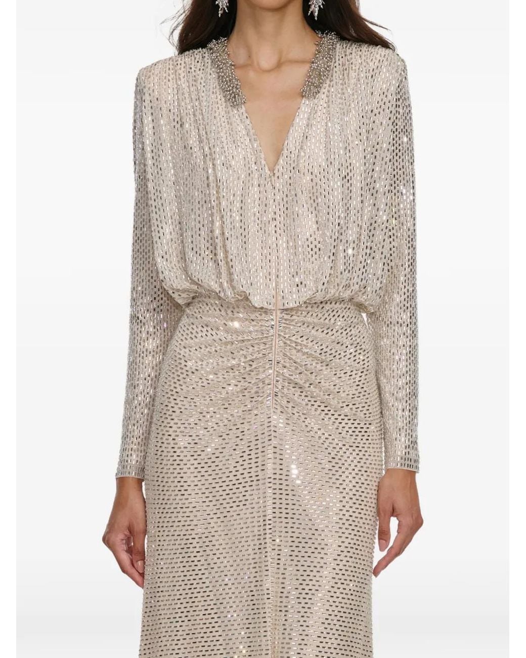 Self-Portrait Natural Rhinestone-Embellished Ruched Maxi Dress
