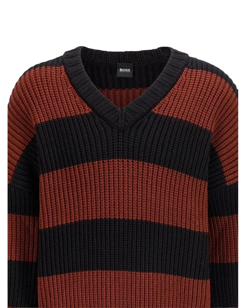 Boss Red Ribbed V-Neck Sweater for men