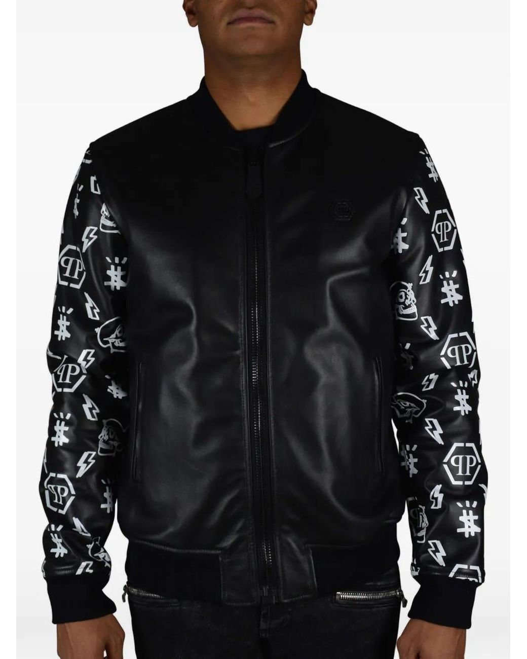 Philipp Plein Black Leather Bomber Jacket for men