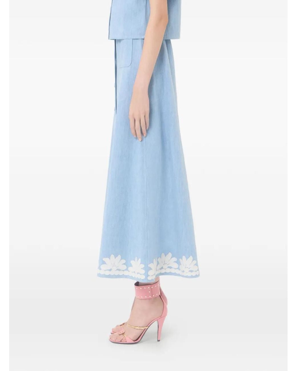 Valentino Garavani Blue Embroidered Denim Midi Skirt