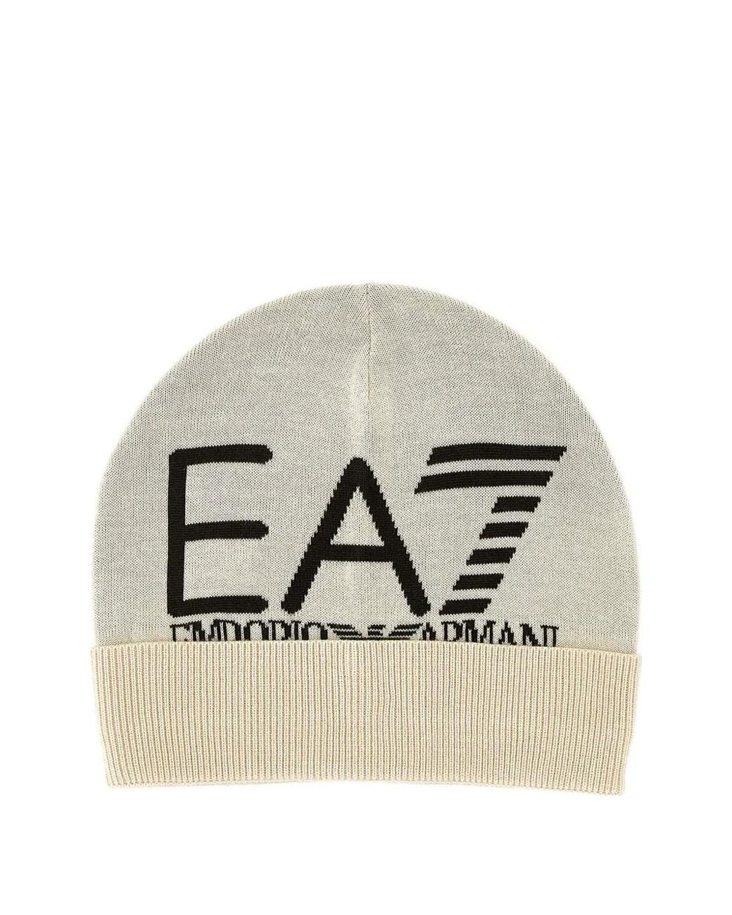 EA7 Gray Logo-Jacquard Ribbed-Cuff Beanie Hat for men