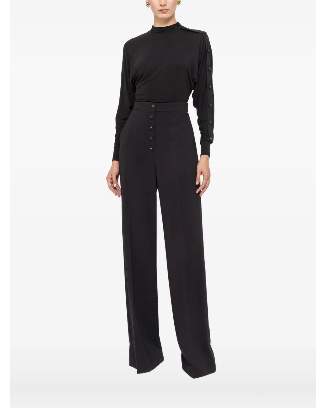 Nissa Black Tencel And Wool Button-Detail Top