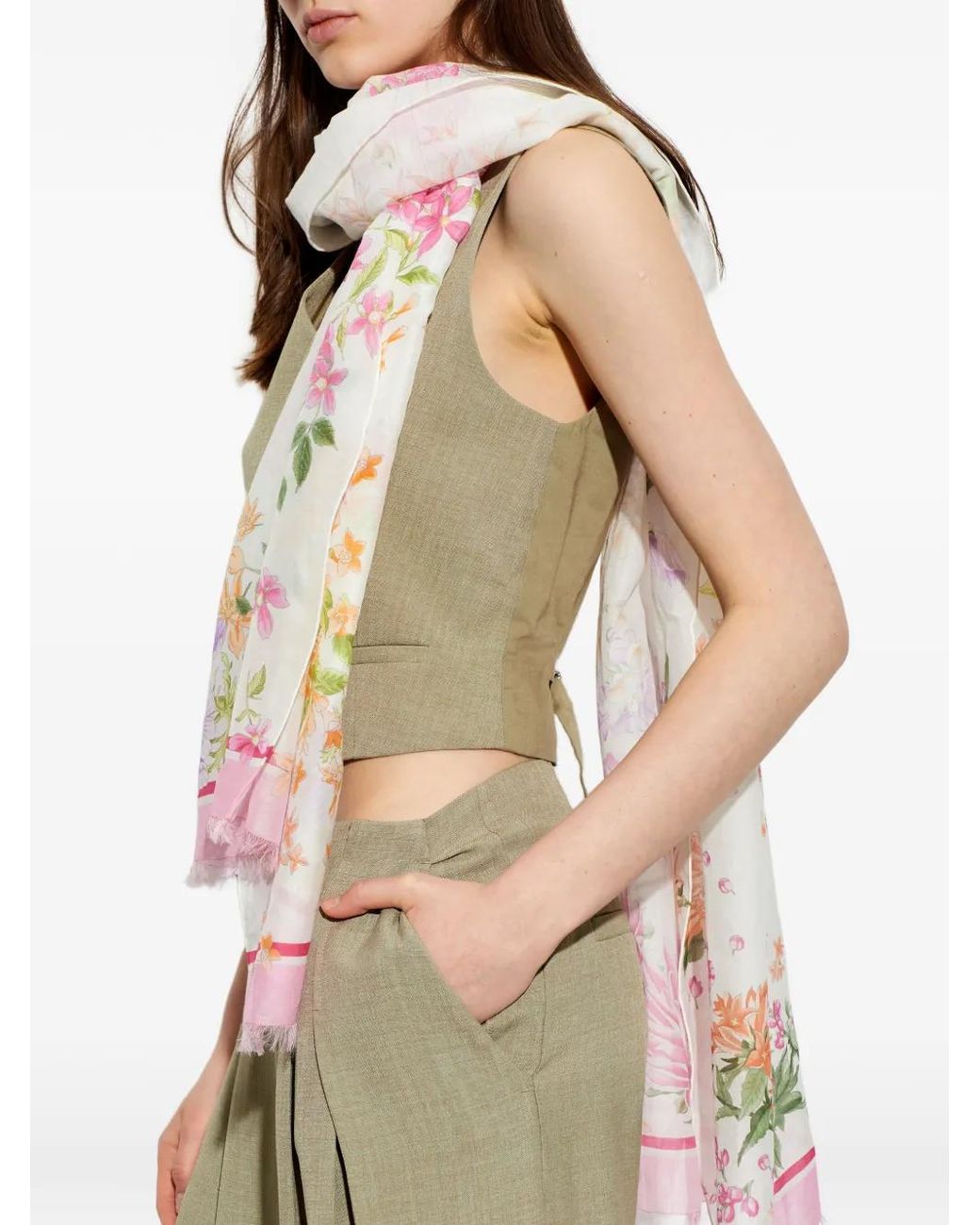 Ferragamo Pink Floral-Print Fringed Scarf