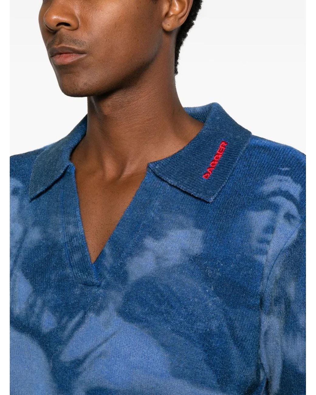 DAGGER Blue Graphic-Print Open-Neck Sweater for men