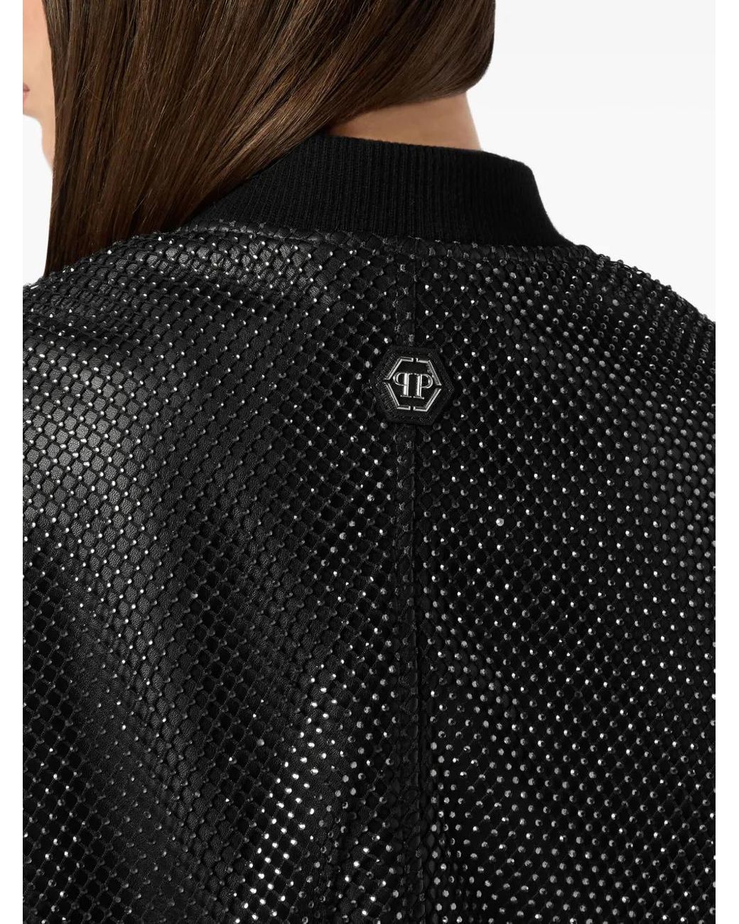 Philipp Plein Black Leather Crop Bomber Crystal