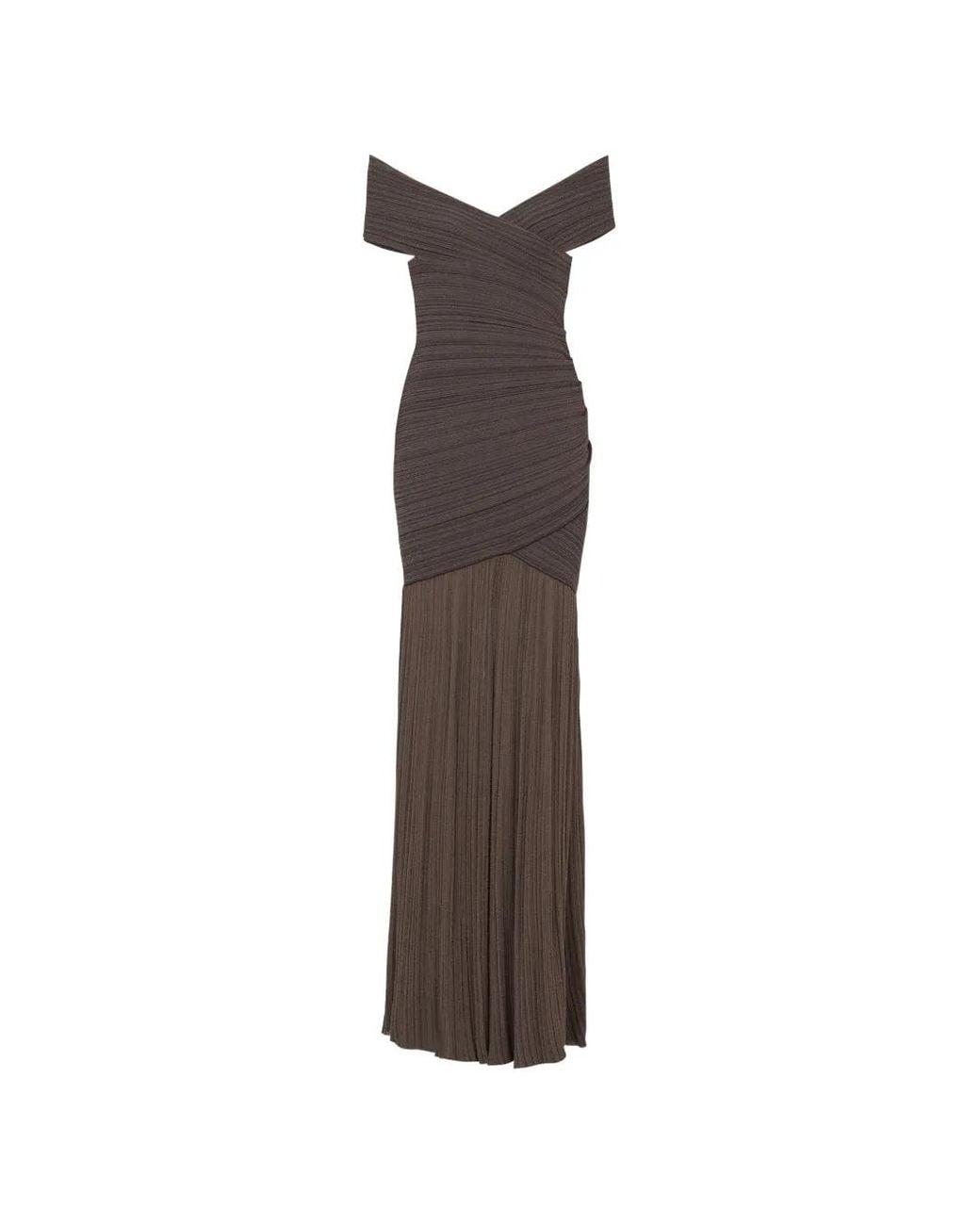 Balmain Brown Off-The-Shoulder Maxi Dress