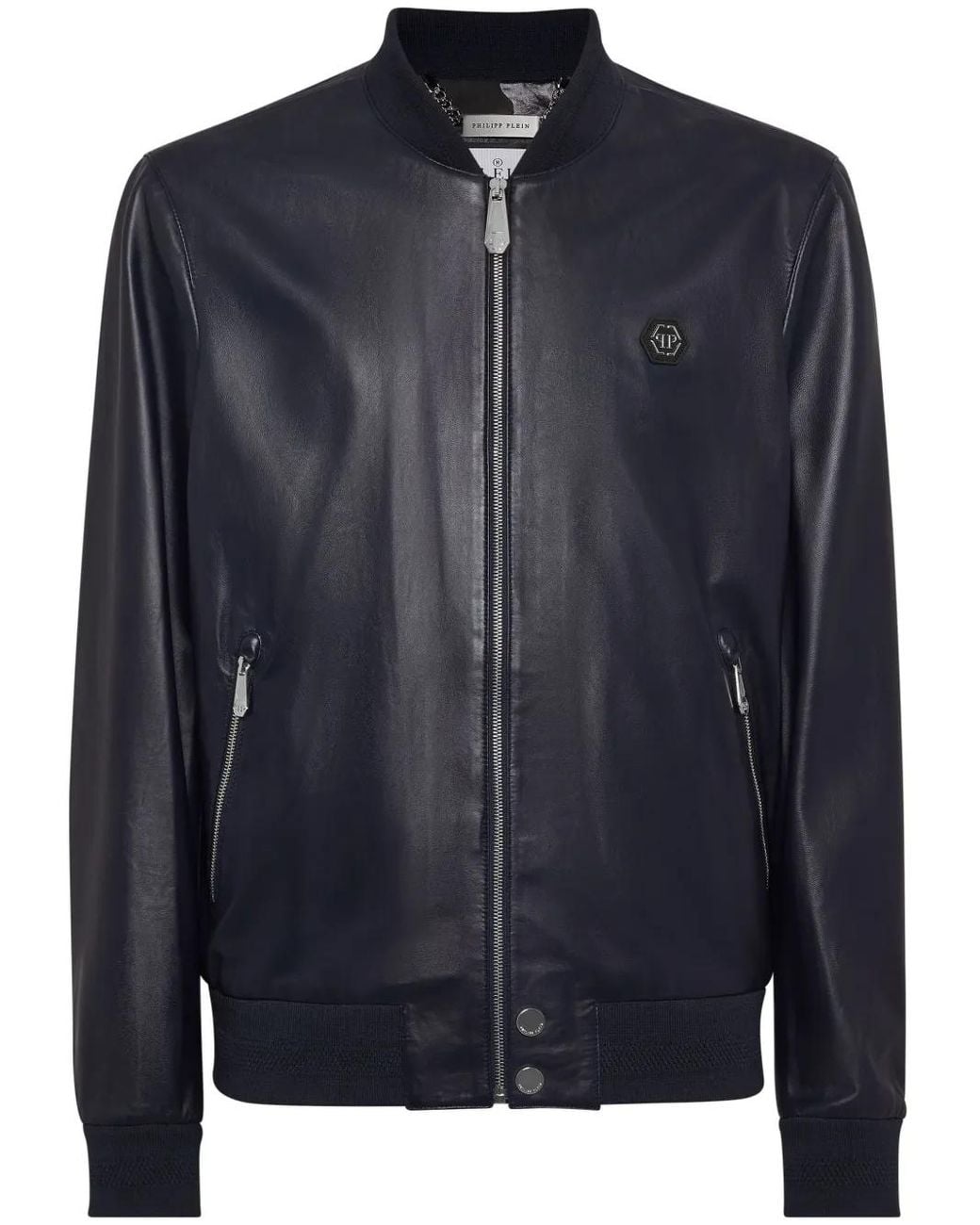 Philipp Plein Blue Leather Bomber Jacket for men